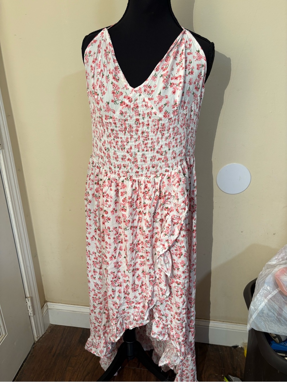 Smocked V-Neck High-Low Floral Dress -Pink Floral, #SummerRomance,#Coquette